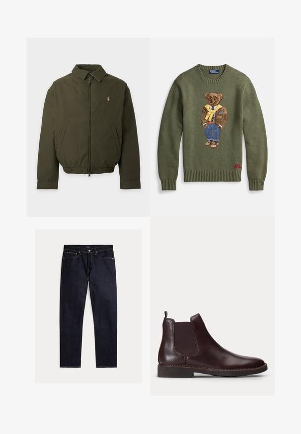 Dunkelgrüne Jacke mit Reißverschluss, Kragen, Seitentaschen, elastischem Bund und kleinem gesticktem Logo auf der linken Brust.; Grüner Strickpullover mit einem gestickten Bären in einer braunen Jacke, gelbem Schal, gestreiftem Hemd und blauer Jeans. Rotes "RL"-Logo am Saum.; Dunkel indigoblaue Jeans mit geradem Bein, fünf Taschen, Knopf- und Reißverschluss und kontrastierenden orangen Nähten auf einfarbigem Hintergrund.; Dunkelbrauner Leder Chelsea-Stiefel mit elastischem Seitenpaneel und niedrigem Absatz, im Profil vor weißem Hintergrund gezeigt.