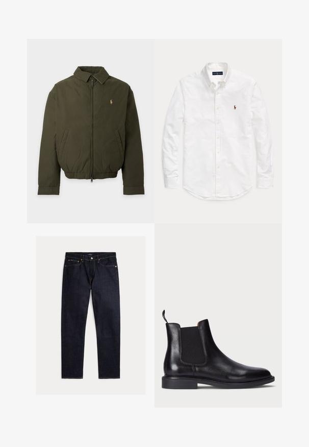 Donkergroene jas met rits, kraag, zijzakken, elastische tailleband en klein geborduurd logo op de linkerborst.; Witte blouse met lange mouwen, knopen en kraag, met klein geborduurd logo op de linkerborst, plat gelegd op een effen achtergrond.; Donker indigoblauwe rechte jeans met vijf zakken, knoop- en ritsluiting en contrasterende oranje stiksels op een effen achtergrond.; Zwarte leren Chelsea-boot met elastische zijpanelen, een gestructureerde afwerking, een ronde neus en een lage gestapelde hak. Voorzien van een trekband voor gemakkelijk aan- en uittrekken.