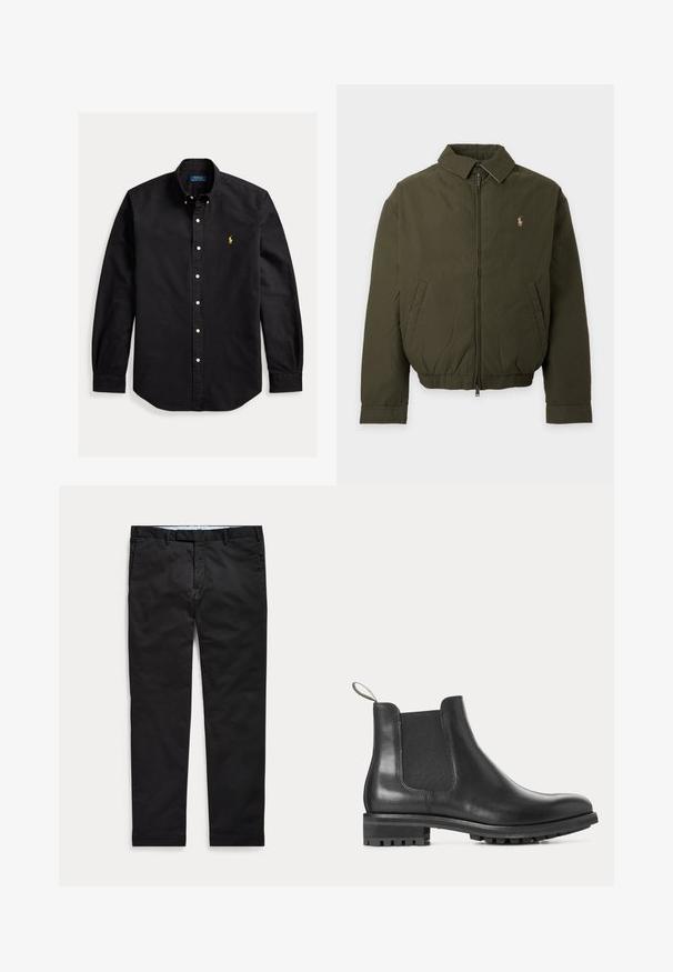 Dunkelgrüne Jacke mit Reißverschluss, Kragen, Seitentaschen, elastischem Bund und kleinem gesticktem Logo auf der linken Brust.; Schwarzes, langärmliges Hemd mit Knopfleiste, knöpfbarem Kragen und kleinem gelbem Polo Ralph Lauren-Logo auf der linken Brust.; Schwarze Slim-Fit-Herrenhose mit Gürtelschlaufen und Vordertaschen, flach auf hellem Hintergrund ausgelegt.; Schwarzer Leder-Chelsea-Stiefel mit elastischen Seitenteilen, Zuglasche hinten und profiliertem Gummisohlenabsatz, im Profil gezeigt.