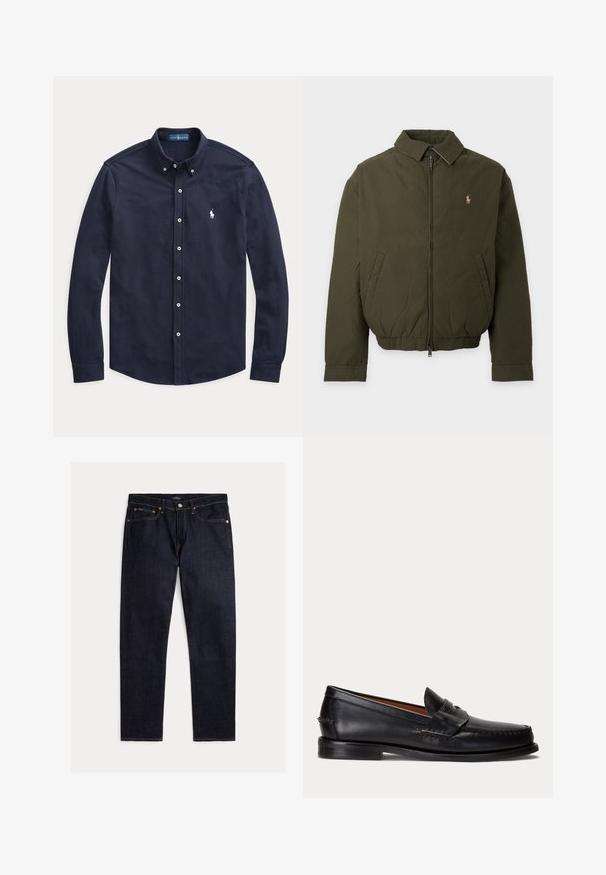 Dunkelgrüne Jacke mit Reißverschluss, Kragen, Seitentaschen, elastischem Bund und kleinem gesticktem Logo auf der linken Brust.; Marineblaues langärmliges Hemd mit weißen Knöpfen und kleinem weiß gesticktem Logo auf der linken Brust.; Dunkel indigoblaue Jeans mit geradem Bein, fünf Taschen, Knopf- und Reißverschluss und kontrastierenden orangen Nähten auf einfarbigem Hintergrund.; Schwarzer Lederloafer mit niedrigem Absatz und Pennyriemendetail, von der Seite auf hellgrauem Hintergrund gezeigt.