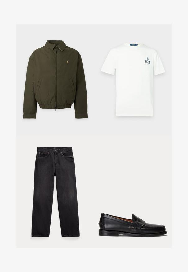 Donkergroene jas met rits, kraag, zijzakken, elastische tailleband en klein geborduurd logo op de linkerborst.; Witte katoenen t-shirt met een ronde hals, korte mouwen en een blauw "POLO Ralph Lauren" logo op de linkerkant van de borst.; Zwarte rechte denim jeans met vijf zakken, knoopsluiting en zichtbare metalen klinknagels op de voorzakken.; Zwarte leren loafer met lage hak en penny-strap detail, van opzij getoond op een lichtgrijze achtergrond.