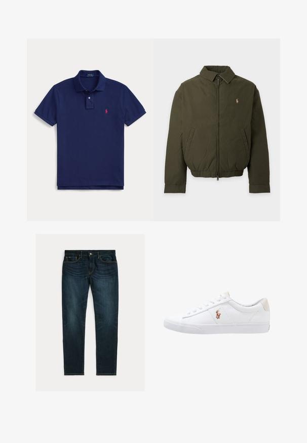 Chaqueta verde oscuro con cremallera, cuello, bolsillos laterales, cintura elástica y un pequeño logo bordado en el pecho izquierdo.; Polo azul marino con cuello, tapeta con dos botones, mangas cortas y pequeño logo rojo de Ralph Lauren en el pecho izquierdo.; Vaqueros ajustados de color azul oscuro con ligero desgaste y diseño de cinco bolsillos, colocados planos sobre un fondo blanco.; Zapatilla de lona blanca con diseño de corte bajo, que cuenta con un taco trasero beige y un pequeño logo bordado en el costado. Suela de goma.