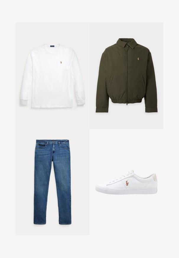 Chaqueta verde oscuro con cremallera, cuello, bolsillos laterales, cintura elástica y un pequeño logo bordado en el pecho izquierdo.; Camiseta blanca de manga larga con cuello redondo y pequeño logo bordado de Polo Ralph Lauren en el pecho izquierdo.; Jeans de mezclilla azul con un corte ajustado, que cuentan con bolsillos delanteros, trabillas para cinturón y un cierre de botón sobre un fondo blanco.; Zapatilla de lona blanca con diseño de corte bajo, que cuenta con un taco trasero beige y un pequeño logo bordado en el costado. Suela de goma.