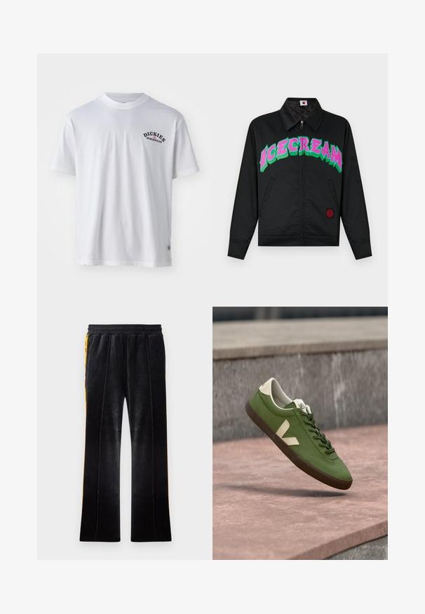 Veste noire à fermeture éclair avec col pointu, poches avant, et grand texte coloré "ICECREAM" en rose et vert sur la poitrine.; T-shirt en coton blanc à manches courtes, col rond, avec un logo imprimé noir qui dit "DICKIES WORKWEAR" sur la poitrine gauche.; Pantalon de survêtement en velours noir avec une coupe évasée, une taille élastique et des bandes latérales jaunes. Présente des coutures verticales pour un détail supplémentaire.; Baskets vertes en toile avec un renfort de talon couleur crème et un grand logo "V" crème sur le côté. Semelle en caoutchouc marron texturée.