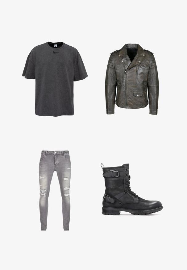 Veste de motard en cuir marron foncé vieilli avec fermeture éclair asymétrique sur le devant, poche poitrine zippée, poche à rabat avec bouton-pression, détails matelassés aux épaules et épaulettes.; T-shirt oversize gris en coton mélangé, avec un col rond et des manches courtes. Il présente un logo brodé subtil sur la poitrine.; Jean skinny en denim gris avec des détails déchirés, avec des déchirures effilochées et des zones décolorées, design standard à cinq poches et fermeture à bouton.; Kazar HEARD - Bottines de cowboy / motard - black
