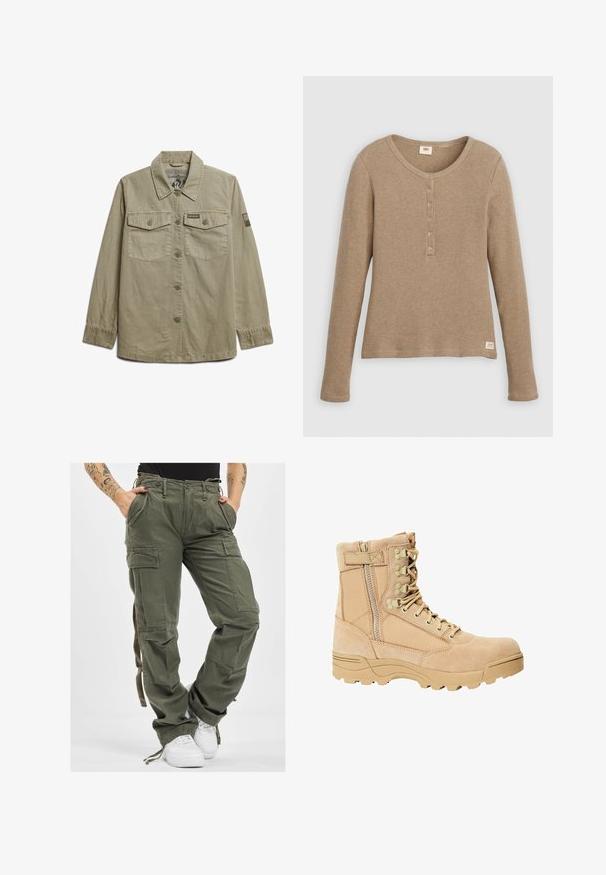 Superdry & Co MILITARY - Let jakke / Sommerjakker - dark sage green; Beige henley-shirt i vaffelstrik med lange ærmer, rund halsudskæring og fem-knaps lukning, vist fladt mod hvid baggrund.; Olivengrønne cargo-bukser med flere lommer, snøre i taljen og afslappet pasform. Stoffet har en blød tekstur og en robust, holdbar fremtoning.; Tan taktiske støvler med en overdel i ruskind og stof, snøre- og lynlåslukning, struktureret sål og forstærket tå for holdbarhed.