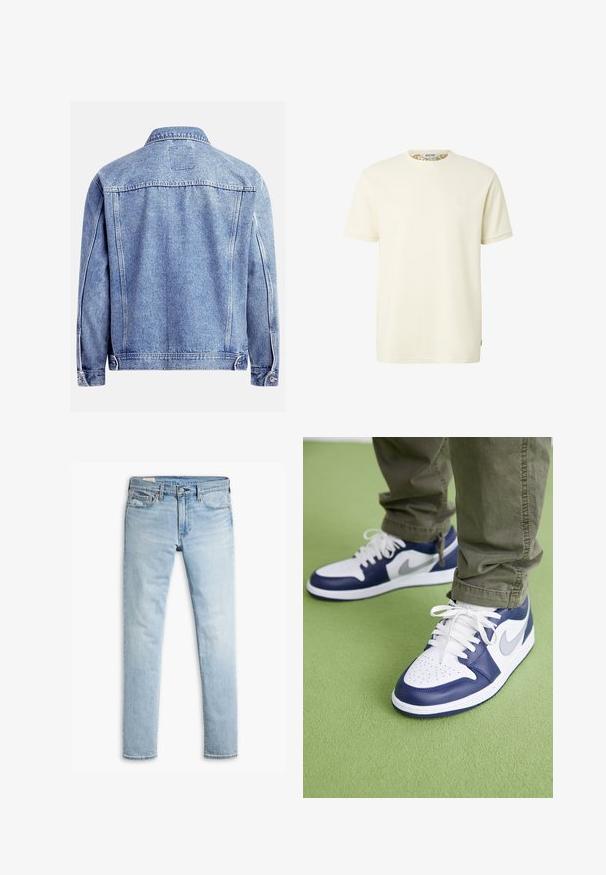 Lysblå denimjakke med et klassisk design, der har spids krave, knaplukninger og sidelommer. Glat tekstur, ingen mønstre.; Ensfarvet cremefarvet T-shirt med korte ærmer, rund halsudskæring og subtilt tekstureret stof, med en lille broderet logo på venstre bryst.; Lysblå slim-fit denimjeans med knap- og lynlås-lukning, forlommer og bæltestropper på hvid baggrund.; Blå og hvide lædersneakers med perforeret tå, hvide snørebånd og sølvaccenter, parret med olivengrønne bukser på en grøn overflade.