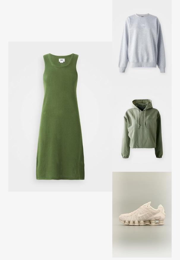 Veste à capuche coupée de couleur vert clair, fabriquée en tissu texturé. Comprend une fermeture éclair à l'avant, une capuche avec cordon de serrage et des poignets élastiques. Marque sur la poitrine.; Sweat-shirt gris à manches longues, col rond, avec des poignets et un ourlet côtelés. Présente un petit logo blanc sur la poitrine. Matière en mélange de coton.; Robe sans manches en maille de couleur olive avec une texture côtelée, dotée d'un col rond et de fentes latérales pour plus de liberté de mouvement.; Baskets Nike beige avec unités de semelle visibles en forme de ressort, dessus en mesh et logo swoosh sur le côté, vues de l'extérieur.