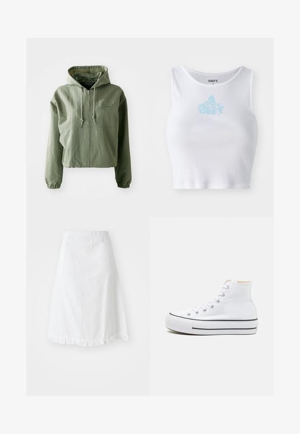 Veste à capuche coupée de couleur vert clair, fabriquée en tissu texturé. Comprend une fermeture éclair à l'avant, une capuche avec cordon de serrage et des poignets élastiques. Marque sur la poitrine.; Crop top blanc à côtes avec un col rond et un logo "OBEY" bleu clair centré sur la poitrine. Texture lisse et design ajusté.; Jupe blanche avec taille élastique, présentant un motif texturé et un ourlet festonné en bas. Design simple en A.; Baskets montantes blanches en toile, semelle en caoutchouc noir et bande noire contrastante sur la semelle intermédiaire. Bout rond et design à lacets.