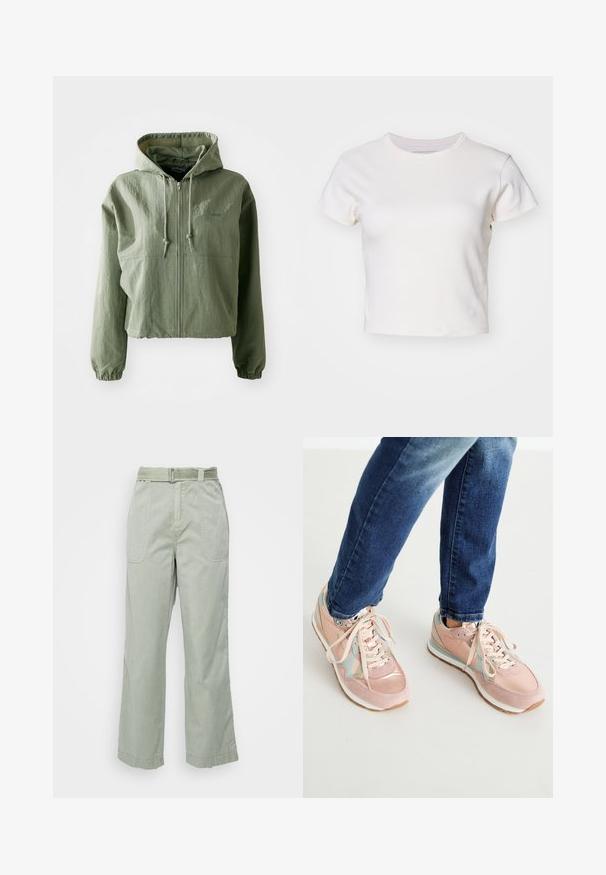 Veste à capuche coupée de couleur vert clair, fabriquée en tissu texturé. Comprend une fermeture éclair à l'avant, une capuche avec cordon de serrage et des poignets élastiques. Marque sur la poitrine.; Denim Project DPMDPWRIBBED CROPPED T-SHIRT - T-shirt basique - jet stream; Pantalons larges en coton vert clair avec une taille ceinturée, des poches latérales et des coutures décoratives le long des coutures et de l'ourlet.; Baskets roses en matières suédé et cuir, avec des accents bleu clair, bout arrondi et semelles en caoutchouc blanches. Les lacets sont beige.