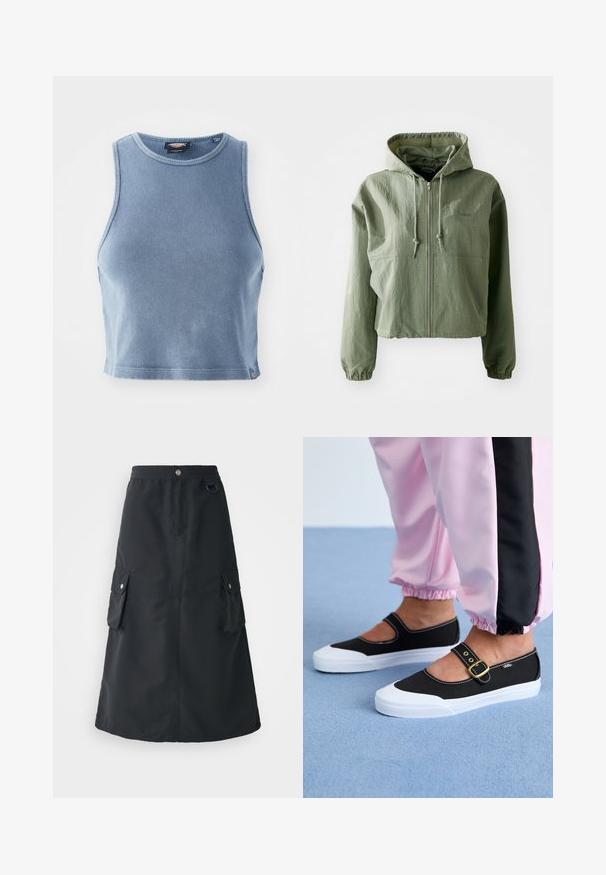 Abgeschnittene Kapuzenjacke in Hellgrün, aus strukturiertem Stoff. Mit Frontreißverschluss, verstellbarer Kapuze und elastischen Bündchen. Markenlogo auf der Brust.; Helles blaues, geripptes Crop-Top mit Rundhalsausschnitt und ärmellosem Design. Glatte Textur und ein kleines Logodetail am Saum.; Schwarzer Mid-Calf-Rock aus leichtem Stoff, mit elastischem Bund, zwei Cargo-Taschen und einem dezenten Glanz.; Schwarze Leinenschuhe mit einer weißen Sohle, die ein Ausschnittdesign und einen goldenen Schnallenriegel aufweisen. Getragen mit rosa Sporthosen.