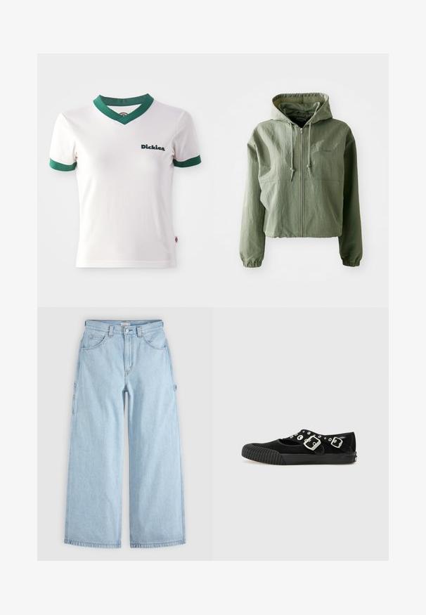 Chaqueta con capucha recortada en verde claro, hecha de tejido texturizado. Cuenta con cremallera frontal, capucha con cordón y puños elásticos. Marca en el pecho.; Camiseta de algodón blanca de manga corta con cuello en V y ribetes verdes; cuenta con el logo de "Dickies" en verde oscuro en el lado izquierdo del pecho. Textura de algodón suave.; Vaqueros de mezclilla azul claro de pierna ancha con bolsillos delanteros, trabillas para cinturón y anillas laterales para herramientas, extendidos sobre un fondo gris.; Vans MARY JANE - Bailarinas - black