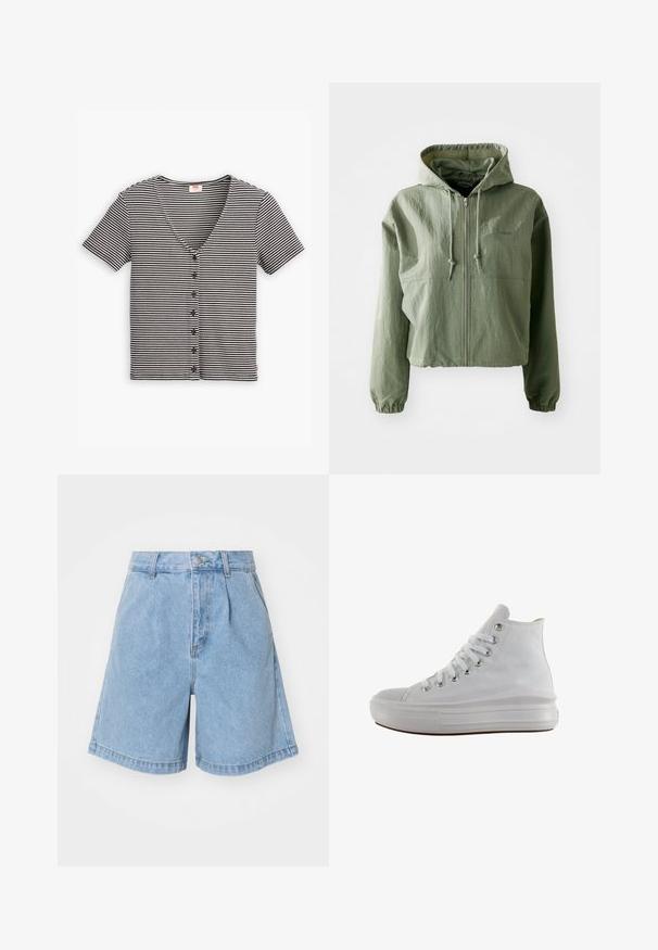 Veste à capuche coupée de couleur vert clair, fabriquée en tissu texturé. Comprend une fermeture éclair à l'avant, une capuche avec cordon de serrage et des poignets élastiques. Marque sur la poitrine.; Haut à manches courtes à boutons, noir et blanc rayé, avec un décolleté en V et un tissu texturé. Présente plusieurs boutons sur le devant.; Shorts en denim bleu clair avec taille haute, devant plissé et jambes larges à coupe droite. Finition avec fermeture à bouton et passants de ceinture.; Baskets montantes en toile blanche avec lacets blancs, œillets métalliques, semelle épaisse en caoutchouc et bout texturé, orientées vers la gauche sur fond blanc.