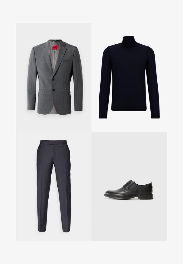 Blazer gris sur mesure avec revers crantés, deux boutons et deux poches avant. Intérieur doublé de tissu gris clair. Étiquette de marque rouge visible.; Pull en col roulé bleu marine foncé en tissu finement tricoté, à manches longues et à encolure haute ajustée. Sans motifs ni accents visibles.; Pantalons ajustés gris foncé avec une coupe droite. Présente une texture douce et des plis à l'avant. Pas de marque ni d'embellissements visibles.; Chaussure de ville pour homme en cuir noir à lacets, avec un petit talon et une finition lisse, présentée en profil latéral sur un fond clair et uni.
