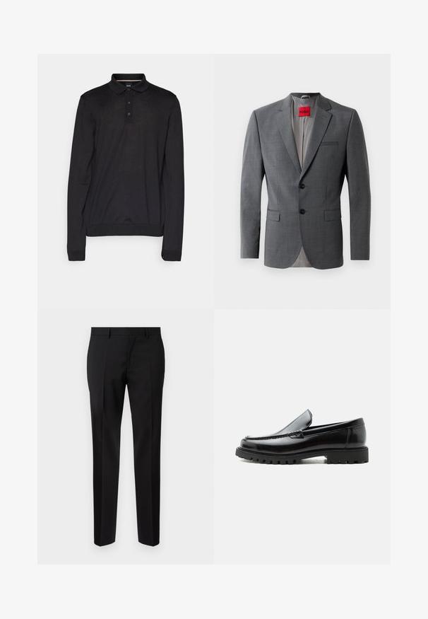 Blazer gris a medida con solapas de muesca, dos botones y dos bolsillos frontales. Forro interior de tela gris claro. Etiqueta de la marca roja visible.; Camisa polo negra de manga larga hecha de tejido suave, con un cuello clásico, placket de tres botones y puños y dobladillo acanalados.; Pantalones negros de corte ajustado, hechos de una tela suave, con pernera recta, detalles de pinzas refinadas y una cinturilla clásica con ojales para cinturón.; Mocasín de cuero negro con suela de goma gruesa, empeine cosido y nombre de la marca en relieve en el talón, mostrado en perfil lateral sobre fondo blanco.