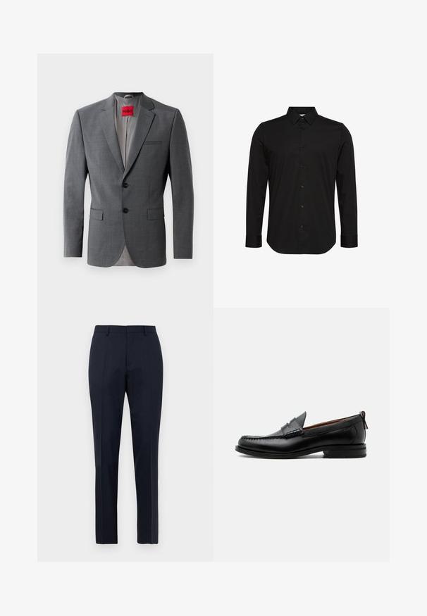 Grijze op maat gemaakte blazer met gekleurde revers, twee knopen en twee voorkruiszakken. Binnenkant gevoerd met lichtgrijze stof. Rode merklabel zichtbaar.; Zwart lang shirt met lange mouwen van gladde stof, met een spitse kraag, knoopsluiting aan de voorkant en een klein logo op de borst.; Marineblauwe op maat gemaakte heren pantalon met subtiel ruitpatroon, riemlussen en voorplooien, frontaal weergegeven op een witte achtergrond.; Zwarte leren herensloffen met moc toe stiksel, pennyriem, gestructureerde kraag en lage gestapelde hak op witte achtergrond.
