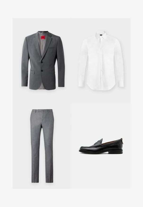 Grijze op maat gemaakte blazer met gekleurde revers, twee knopen en twee voorkruiszakken. Binnenkant gevoerd met lichtgrijze stof. Rode merklabel zichtbaar.; Witte lange mouwen overhemd met knopen en spitse kraag, plat liggend op een lichtgrijze achtergrond.; Grijze pinstriped broek gemaakt van textuurstof, met een klassiek ontwerp, rechte pasvorm en twee voorke pockets.; Zwarte leren herensloffen met moc toe stiksel, pennyriem, gestructureerde kraag en lage gestapelde hak op witte achtergrond.