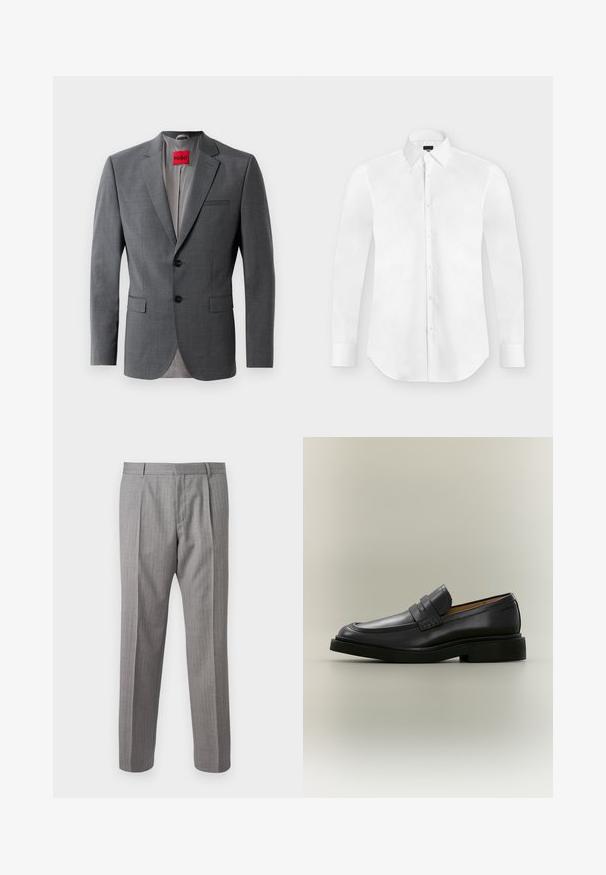 Grå skræddersyet blazer med klapkraver, to knapper og to frontlommer. Indersiden er foret med lys grå stof. Rød mærke synlig.; Hvid langærmet skjorte med knapper og spidst krave, lagt fladt på en lysegrå baggrund.; Grå, stribede bukser med skræddersyet pasform, der har foranfald, bæltestropper og en glat struktur. Lige ben design, rene manchetter.; Sort læder herreloafer med lav hæl og en remdetalje over vristen, vist i profil på en neutral baggrund.