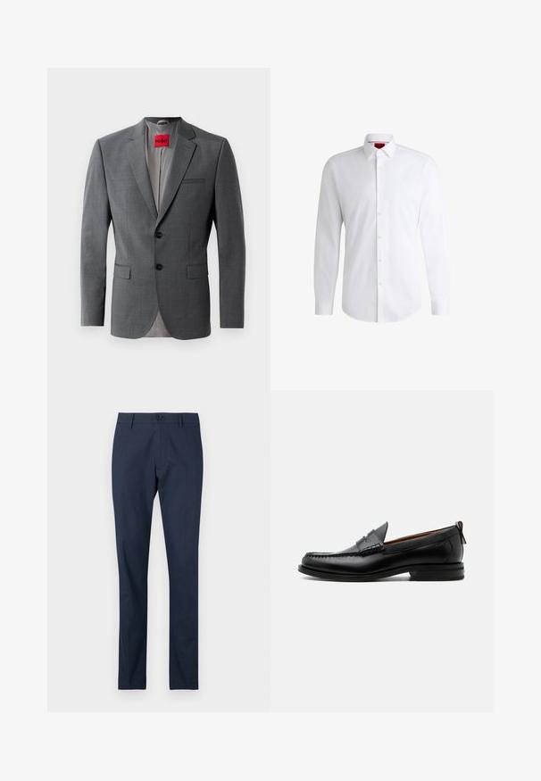 Blazer gris sur mesure avec revers crantés, deux boutons et deux poches avant. Intérieur doublé de tissu gris clair. Étiquette de marque rouge visible.; Chemise blanche à manches longues en tissu lisse avec un col classique et un ourlet arrondi. Présente des boutons beiges à l'avant.; Pantalons bleu marine à devant plat, design à jambe droite, avec une fermeture à un bouton à la taille. Tissu lisse sans motifs visibles.; Mocassin homme en cuir noir avec couture moc toe, bride penny, col texturé et petit talon empilé sur fond blanc.