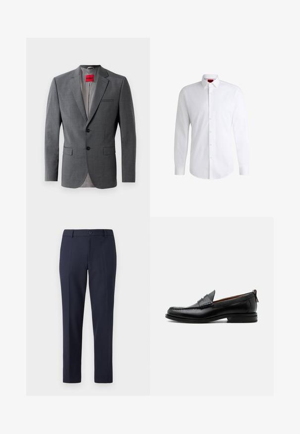Grijze op maat gemaakte blazer met gekleurde revers, twee knopen en twee voorkruiszakken. Binnenkant gevoerd met lichtgrijze stof. Rode merklabel zichtbaar.; Witte overhemden van soepel materiaal met een klassieke kraag, lange mouwen en een afgeronde zoom. Voorzien van beige knopen aan de voorkant.; Marineblauwe broek van gladde stof, met een rechte snit, riemlussen en een enkele knoopsluiting in de taille.; Zwarte leren herensloffen met moc toe stiksel, pennyriem, gestructureerde kraag en lage gestapelde hak op witte achtergrond.