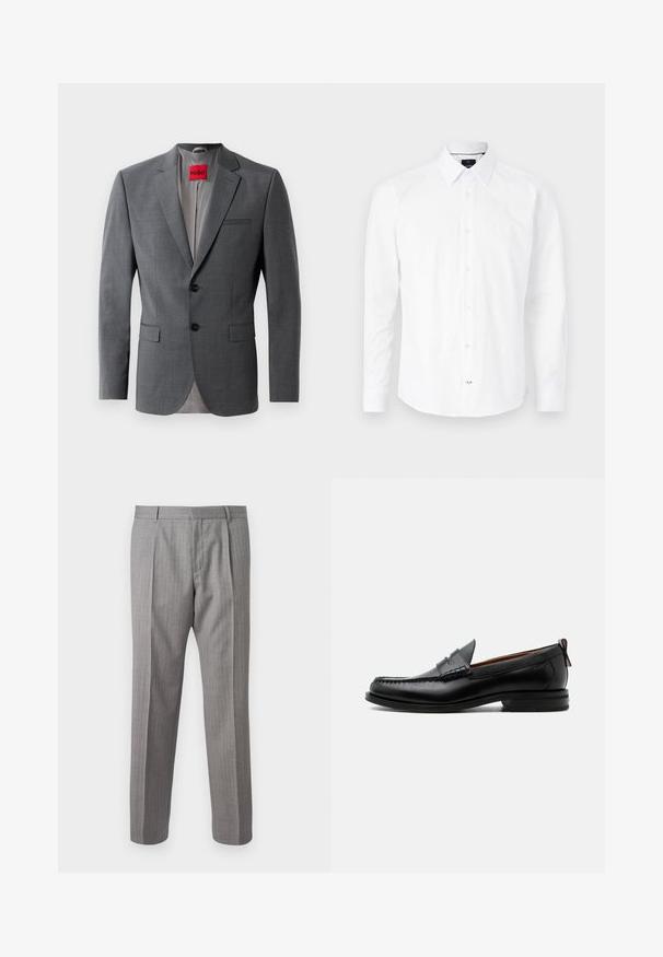 Blazer gris a medida con solapas de muesca, dos botones y dos bolsillos frontales. Forro interior de tela gris claro. Etiqueta de la marca roja visible.; Camisa blanca de manga larga hecha de algodón. Presenta un cuello tipo button-down, cierre frontal con botones rosas y dobladillo curvado.; Pantalones gris con rayas y un corte a medida, con pliegues delanteros, trabillas para cinturón y una textura suave. Diseño de pierna recta, con dobladillos limpios.; Mocasín de hombre de piel negra con costura moc toe, tira penny, cuello texturizado y tacón bajo apilado sobre fondo blanco.