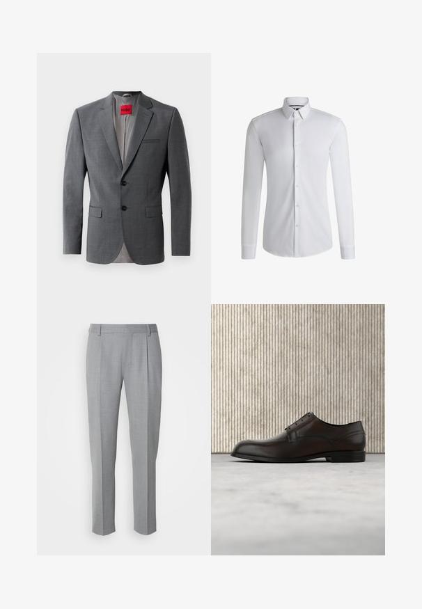 Blazer gris sur mesure avec revers crantés, deux boutons et deux poches avant. Intérieur doublé de tissu gris clair. Étiquette de marque rouge visible.; Chemise blanche à manches longues en tissu lisse, dotée d'un col boutonné et d'une rangée de boutons sur le devant. Design uni.; Pantalons gris sur mesure avec une texture lisse, présentant un devant plat, des jambes droites et de légères pinces pour plus de détail.; Chaussure habillée en cuir marron avec un bout arrondi, des coutures minimales et une finition lisse. Elle présente un faible talon et un design de laçage simple.