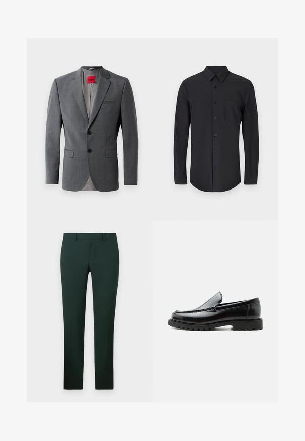 Grijze op maat gemaakte blazer met gekleurde revers, twee knopen en twee voorkruiszakken. Binnenkant gevoerd met lichtgrijze stof. Rode merklabel zichtbaar.; Zwarte langslavend shirt in een gladde stof met een klassieke kraag, knoopsluiting en een borstzak aan de linkerkant.; Donkergroene broek met een rechte pijpdesign, gemaakt van een gladde stof. Bevat een platte voorkant en een standaard tailleband met ceintuurlussen.; Zwarte leren loafer met dikke rubberen zool, gestikte bovenkant en gegraveerde merknaam op de hiel, zijaanzicht op witte achtergrond.