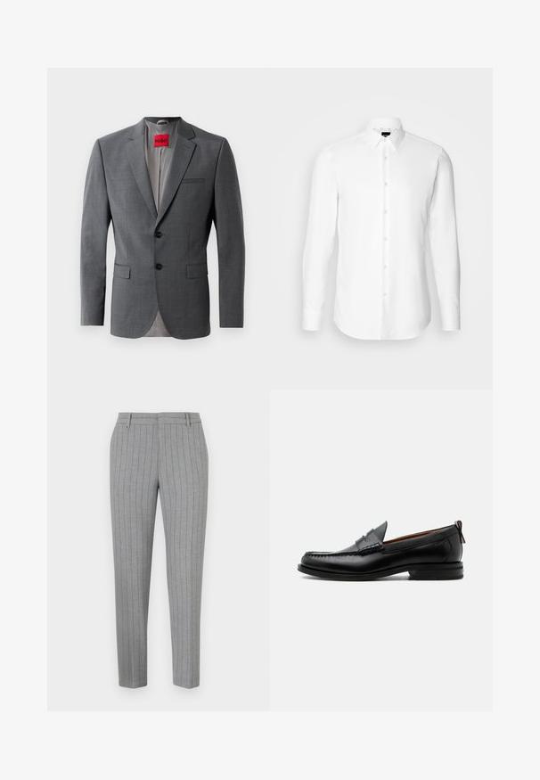 Grau maßgeschneiderte Blazer mit Reverskragen, zwei Knöpfen und zwei Vorderstaschen. Innen mit hellgrauem Stoff gefüttert. Rotes Markenlabel sichtbar.; Weißes Langarmhemd, vorne mit Knöpfen, klassischer Kragen, aus glattem Stoff mit feiner Textur, für eine figurnahe Passform entworfen.; Graue Nadelstreifenhose mit tailliertem Schnitt, flacher Front und Seitentaschen. Hergestellt aus einem glatten Stoff mit einem dezenten Glanz.; Schwarzer Leder-Herrenschuh mit Mokassinnaht, Penny-Riemen, strukturiertem Kragen und niedrigem gestapeltem Absatz auf weißem Hintergrund.