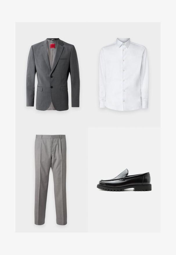 Grå skræddersyet blazer med klapkraver, to knapper og to frontlommer. Indersiden er foret med lys grå stof. Rød mærke synlig.; Hvid langærmet skjorte lavet af glat stof, med en klassisk krave, knaplukning og manchetter med knapper, vist på en ensfarvet baggrund.; Grå, stribede bukser med skræddersyet pasform, der har foranfald, bæltestropper og en glat struktur. Lige ben design, rene manchetter.; Sort læderloafer med chunky gummisål, syet overdel og præget mærkenavn på hælen, vist i sideprofil på hvid baggrund.