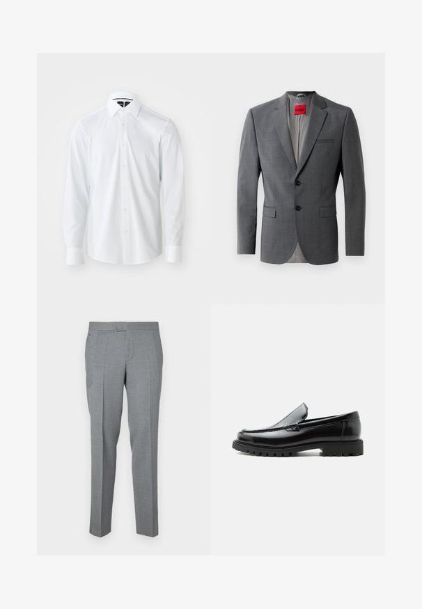 Blazer gris sur mesure avec revers crantés, deux boutons et deux poches avant. Intérieur doublé de tissu gris clair. Étiquette de marque rouge visible.; Chemise blanche à manches longues avec un col structuré, présentant un motif texturé subtil, une fermeture à boutons et un ourlet arrondi.; Pantalons gris ajustés en tissu texturé, avec une taille plate, des passants de ceinture et deux poches latérales. Design à jambe droite.; Mocassin en cuir noir avec semelle en caoutchouc épaisse, dessus cousu et nom de marque embossé sur le talon, présenté de profil sur fond blanc.