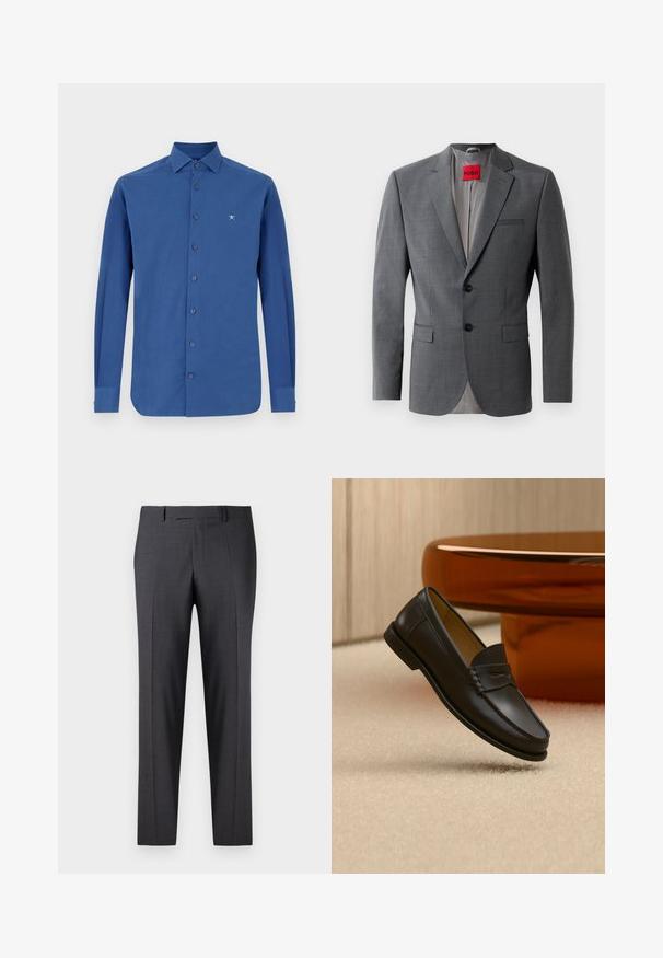 Blazer gris a medida con solapas de muesca, dos botones y dos bolsillos frontales. Forro interior de tela gris claro. Etiqueta de la marca roja visible.; Camisa azul de manga larga hecha de algodón, con un cierre frontal de botones, un cuello clásico y un sutil bordado del logo en el pecho.; Pantalones oscuros grises a medida en una tela suave y texturizada; cuentan con un frente plano y piernas rectas; diseño minimalista sin acentos visibles.; Zapato mocasín de cuero negro suspendido sobre una alfombra beige con muebles modernos de color ámbar en el fondo.