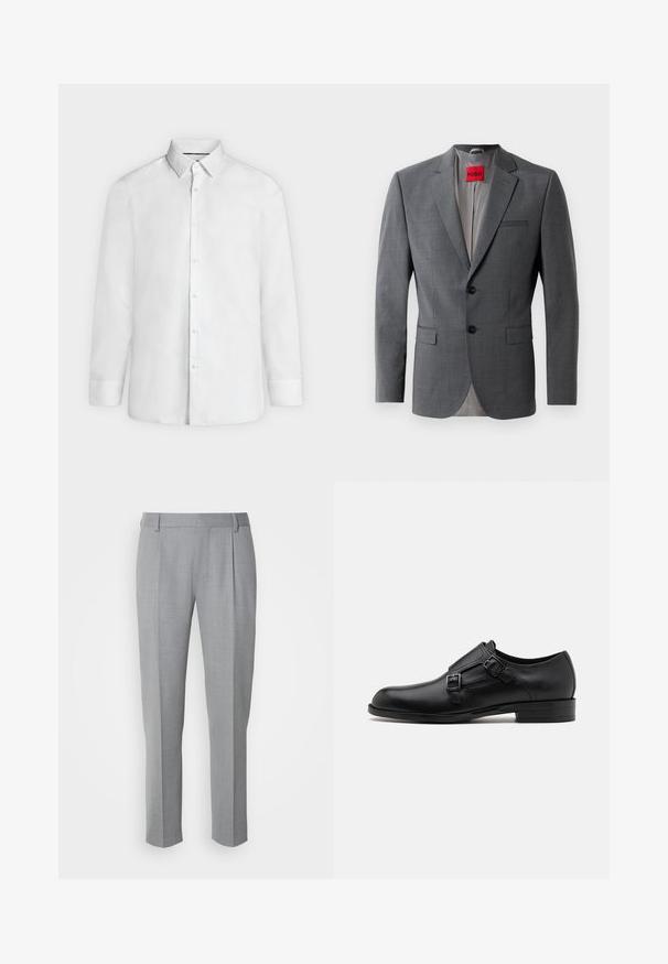 Blazer gris a medida con solapas de muesca, dos botones y dos bolsillos frontales. Forro interior de tela gris claro. Etiqueta de la marca roja visible.; Camisa blanca de vestir de manga larga con cuello abierto y puños abotonados, mostrada de frente sobre un fondo liso gris claro.; Pantalones grises a medida con una textura suave, que cuentan con un frente plano, piernas rectas y pliegues sutiles para un detalle adicional.; Zapato de vestir de cuero negro con doble hebilla, silueta elegante y punta redonda. Cuenta con un tacón bajo y una textura suave.