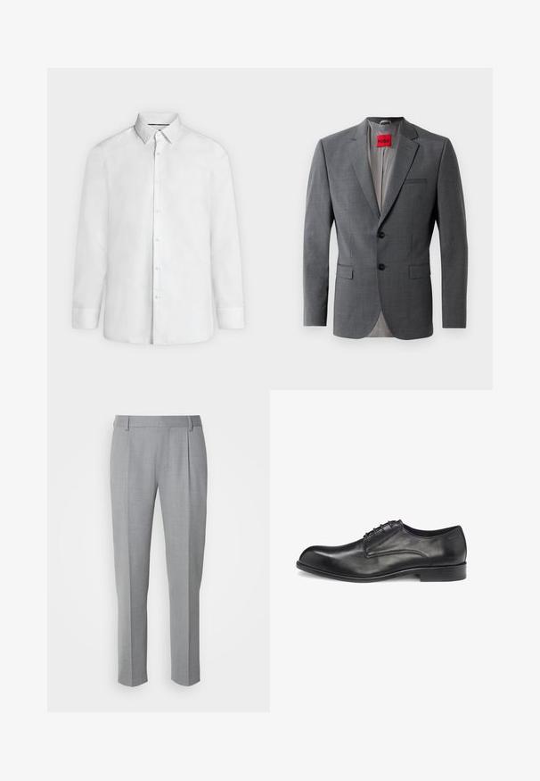 Grå skræddersyet blazer med klapkraver, to knapper og to frontlommer. Indersiden er foret med lys grå stof. Rød mærke synlig.; Hvid skjorte med lange ærmer, spredt krave og knapmanchetter, vist forfra på en ensfarvet lysegrå baggrund.; Grå skræddersyede bukser med en glat tekstur, som har en flad front, lige ben og diskrete folder for ekstra detalje.; Sort lædersko med snørebånd, glat finish, rundet tå, minimal syning og en flad gummisål. Siden har brandlogo.