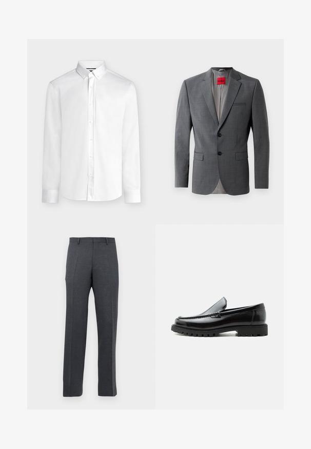Grau maßgeschneiderte Blazer mit Reverskragen, zwei Knöpfen und zwei Vorderstaschen. Innen mit hellgrauem Stoff gefüttert. Rotes Markenlabel sichtbar.; Weißes langärmeliges Hemd mit Knopfleiste, einem geknöpften Kragen und Standardmanschetten, dargestellt auf einem einfarbigen hellgrauen Hintergrund.; Herrenanzughose in Dunkelgrau, mit Gürtelschlaufen und vorderen Bügelfalten, vor einem weißen Hintergrund präsentiert.; Schwarzer Lederloafer mit grober Gummisohle, genähter Oberseite und geprägtem Markennamen an der Ferse, seitlich auf weißem Hintergrund gezeigt.