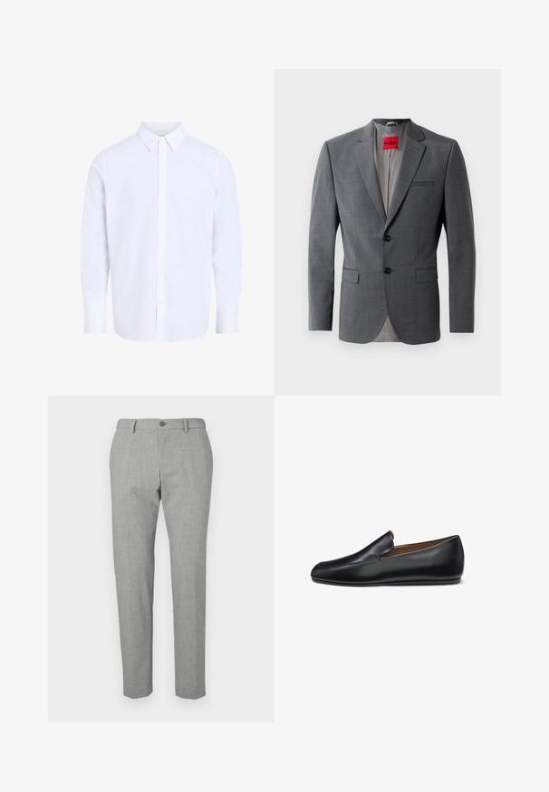 Grau maßgeschneiderte Blazer mit Reverskragen, zwei Knöpfen und zwei Vorderstaschen. Innen mit hellgrauem Stoff gefüttert. Rotes Markenlabel sichtbar.; Weißes Hemd mit langen Ärmeln und klassischem Kragen, aus glattem Stoff gefertigt, mit durchgehendem Knopfleistenverschluss und abgerundetem Saum.; Graue Hose aus einem strukturierten Stoff, mit Knopfverschluss, taillierter Passform und geradem Beinchen.; Schwarzer Leder-Slipper mit einem schlanken, minimalistischen Design und abgerundetem Zehenbereich, seitlich auf weißem Hintergrund dargestellt.