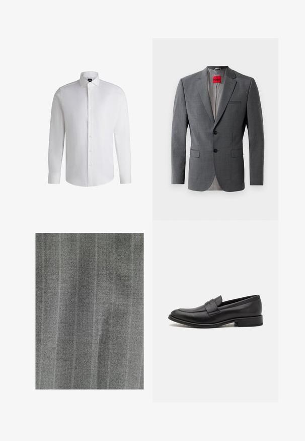 Blazer gris a medida con solapas de muesca, dos botones y dos bolsillos frontales. Forro interior de tela gris claro. Etiqueta de la marca roja visible.; Camisa blanca de manga larga hecha de algodón suave, con un cuello clásico, botonera completa y puños abotonados. Diseño minimalista.; Tela gris con un fino patrón de rayas finas, que presenta una apariencia texturizada, mostrando un sutil tejido y una superficie suave.; Mocasín de cuero negro con un acabado suave, una tira decorativa en la parte superior, punta redondeada y un tacón bajo apilado.