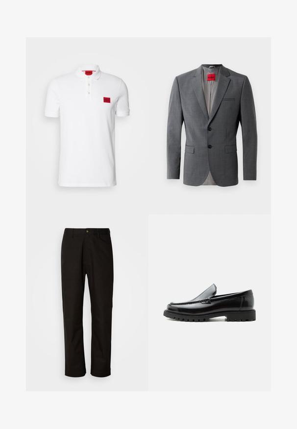 Blazer gris a medida con solapas de muesca, dos botones y dos bolsillos frontales. Forro interior de tela gris claro. Etiqueta de la marca roja visible.; Camisa polo blanca de algodón, con un ribete de tres botones, mangas cortas y un parche de logo rectangular rojo en el lado izquierdo del pecho.; Pantalones de algodón negros con corte recto, presillas para el cinturón, cremallera frontal y un solo botón de cierre. Textura suave sin patrones visibles.; Mocasín de cuero negro con suela de goma gruesa, empeine cosido y nombre de la marca en relieve en el talón, mostrado en perfil lateral sobre fondo blanco.