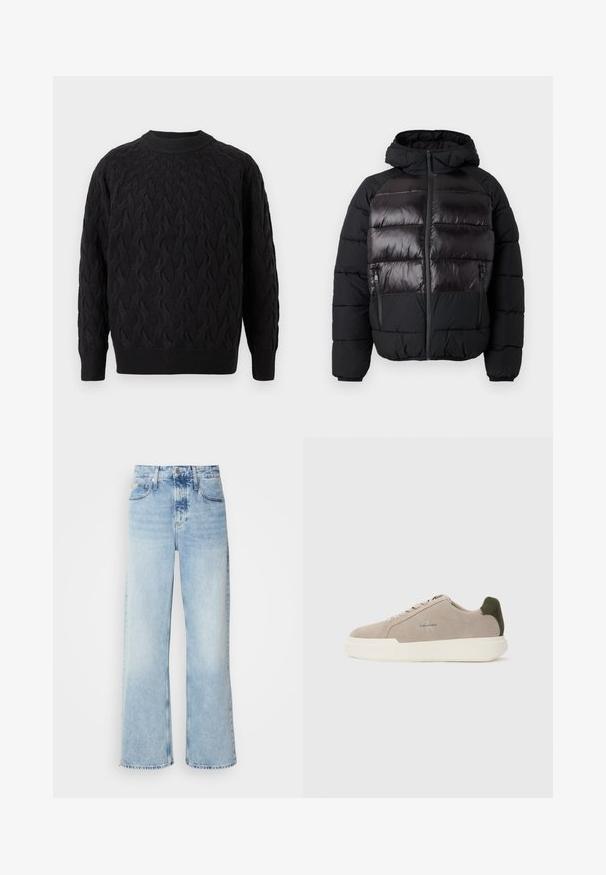 Veste rembourrée noire avec capuche, dotée d'un panneau avant brillant, de poches latérales zippées et de coutures texturées sur les manches et les côtés.; Pull en maille torsadée noire avec col rond, présentant un motif texturé et des poignets et un ourlet côtelés pour plus de détails.; Jean large bleu clair à taille haute, avec une finition délavée, des passants de ceinture et un design classique à cinq poches. L'ourlet est brut.; Baskets en suède beige avec une semelle en caoutchouc blanche, présentant un accent de talon vert foncé et une branding subtile sur le côté.