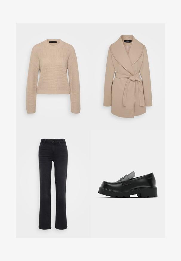 Manteau en laine beige avec un large col, une taille ceinturée et des poches latérales. Présente une texture lisse et un léger éclat sur les bords du col.; Pull beige en maille avec un col rond, des manches longues et une coupe cropped. Le tissu texturé présente un léger motif en côtes.; Jean en denim noir à coupe droite, avec une fermeture à bouton à l'avant, cinq poches et des détails de couture subtils.; Mocassins en cuir noir avec une semelle épaisse et texturée, dotés d'une sangle sur le vamp et d'une finition lisse et polie.