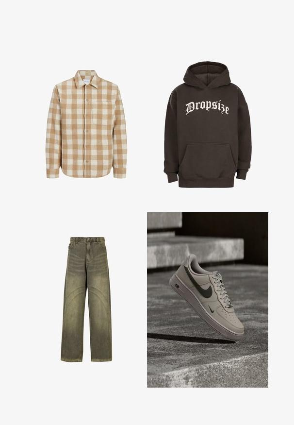 Geruite flanellen overhemden in beige en crème, gestructureerde kraag, borstzak, knoopsluiting, lange mouwen met knoopmanchetten.; Donkerbruine hoodie met een voorste kangaroozak en witte tekst in Old English-stijl met "Dropsize" op de borst.; Wijde spijkerbroeken van olijfgroene denim, met gebogen naadaccenten, klassieke knoopsluiting en een vervaagde afwerking.; Beige Nike Air Force 1 sneaker met donkergroen swoosh-logo, zwevend boven getextureerde betonnen treden in gedempt licht.