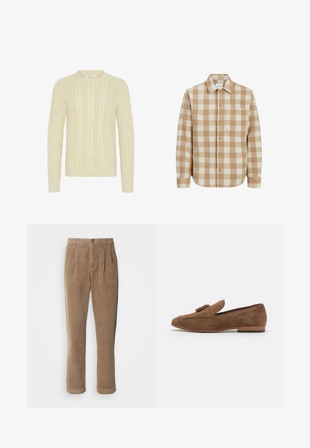Chemise flanelle à carreaux beige et crème, col structuré, poche devant, fermeture à boutons, manches longues avec poignets boutonnés.; Blend BHBASIM - Pullover - oyster gray; Pantalons en velours côtelé marron à taille haute, avec des plis à l'avant, une fermeture à bouton et des jambes droites. Le tissu texturé est visible.; Mocassins en daim marron avec un accent en pampille, profil bas, bout arrondi et surface texturée, montés sur un talon en bois empilé.