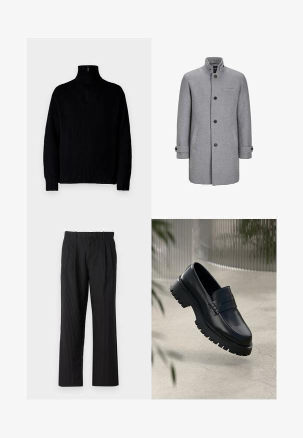 Grå uldfrakke med høj krave, frontknaplukning, en brystlomme og to sidelommer. Har rullede manchetter og en struktureret overflade.; Sort ribbet turtleneck sweater med en halvmåne lynlås ved kraven, der har lange ærmer og en afslappet pasform. Teksturen er blød og chunky.; Jack & Jones Classic Wide Leg Fit - Bukser - black; Sorte læder loafers med en chunky sål, der har en dekorativ rem og syninger. Glat tekstur med en poleret overflade.