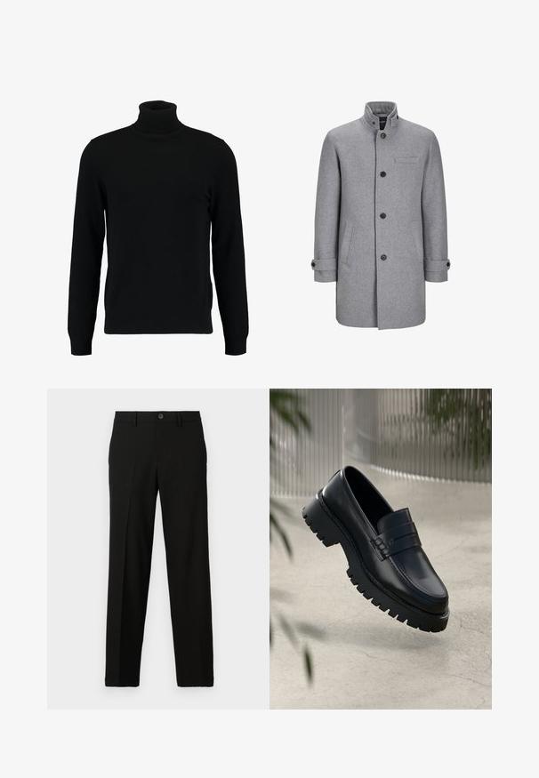 Manteau en laine gris avec un col haut, fermeture à boutons à l'avant, une poche poitrine et deux poches latérales. Présente des poignets roulés et une finition texturée.; Un pull à col roulé noir en matière tricotée douce. Il possède des manches longues, un col et un ourlet côtelés. Son design est simple et épuré, sans motifs.; Pantalon noir en tissu lisse, avec une coupe droite, une fermeture à bouton à la taille, et sans motifs ni accents visibles.; Mocassins en cuir noir avec une semelle à crampons épaisse, dotés d'une sangle décorative et de détails de couture. Texture lisse avec une finition polie.