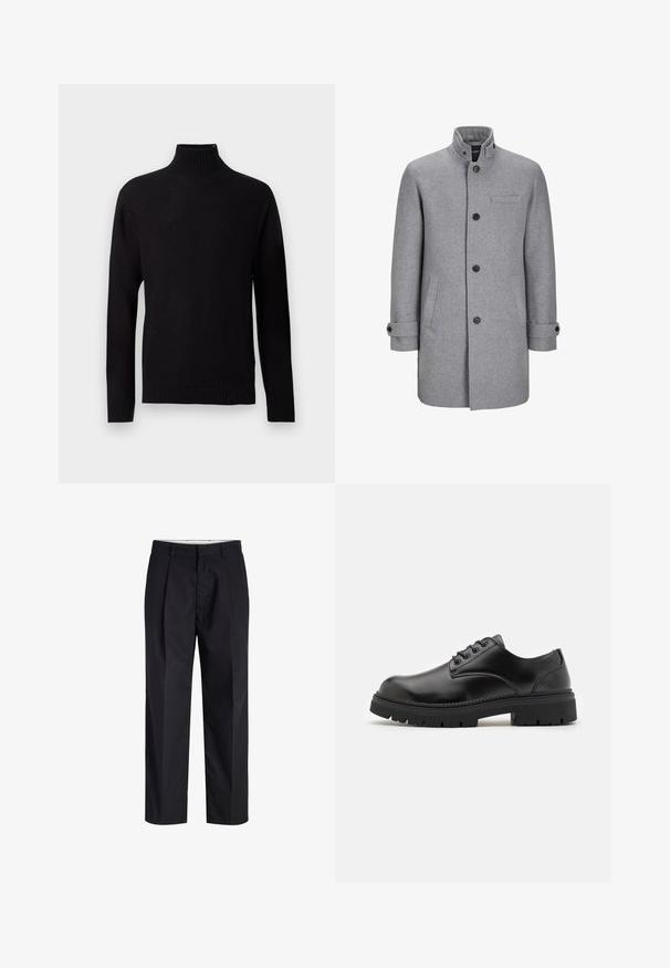 Manteau en laine gris avec un col haut, fermeture à boutons à l'avant, une poche poitrine et deux poches latérales. Présente des poignets roulés et une finition texturée.; Pull noir en maille à col roulé avec manches longues, poignets, ourlet et col côtelés, présenté sur un fond gris clair.; Pantalon noir à jambes droites avec taille, passants de ceinture, fermeture éclair à l'avant et poches latérales, présenté sur fond blanc.; Chaussures en cuir noir avec un bout rond, un laçage et une semelle en caoutchouc épaisse et texturée. Présente des coutures le long du bord et une finition lisse.