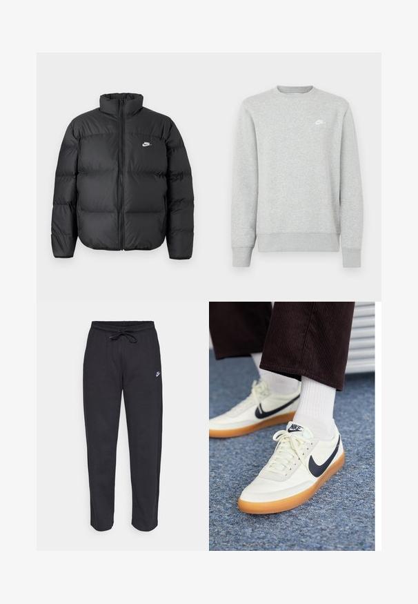 Čierna páperová bunda s vysokým golierom, zipsom a bielym logom Nike. Obsahuje prešívané časti pre izoláciu a polstrovanú textúru.; Sivá mikina z mäkkého fleecového materiálu, s rebrovanými manžetami a lemom, s malým bielym logom Nike na hrudi.; Čierne tepláky vyrobené z mäkkej tkaniny s elastickým pásom, sťahovacou šnúrkou a malým logom Nike na ľavom stehne.; Nike tenisky z bielej kože s námorníckym swooshom, s gumovou podrážkou a bielymi šnúrkami, skombinované s bielymi ponožkami a tmavými kordovým nohavicami.