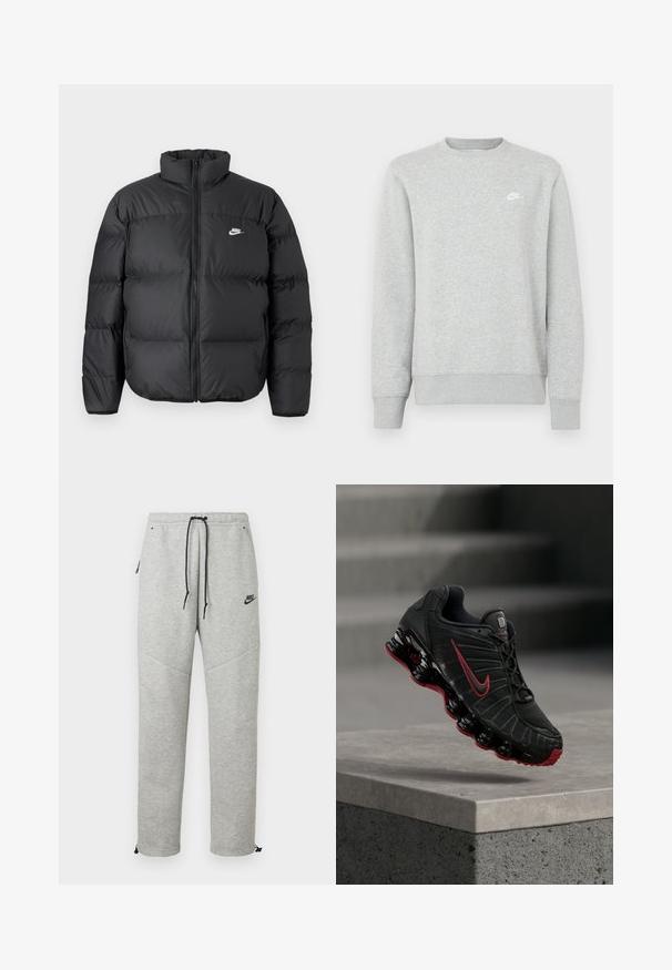 Zwarte pufferjack met hoge kraag, ritssluiting en witte Nike-logo. Heeft doorgestikte stukken voor isolatie en een gewatteerde textuur.; Grijze sweatvest gemaakt van zacht fleece materiaal, met geribde manchetten en zoom, en een klein wit Nike-logo op de borst.; Grijze Nike trainingsbroek met een verstelbare tailleband, zijzakken en elastische boorden. Heeft een soepele textuur en contrasterende zwarte logo-details.; Zwarte en rode Nike sportschoen met zichtbare veerachtige zool, balancerend op de rand van een betonnen trede.
