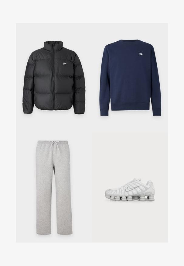 Abrigo de plumas negro con cuello alto, cierre de cremallera y logo de Nike en blanco. Presenta secciones acolchadas para aislamiento y una textura acolchada.; Sudadera azul marino hecha de tela suave, con cuello redondo y mangas largas, con un pequeño logo blanco de Nike en el pecho.; Pantalones deportivos grises con cintura elástica y cordón ajustable. Fabricados con tela suave, cuentan con piernas rectas y un sutil detalle de logotipo.; Zapatilla de running blanca Nike con suela visible con amortiguación de aire y logo swoosh plateado en el lateral, mostrada desde el lado exterior.