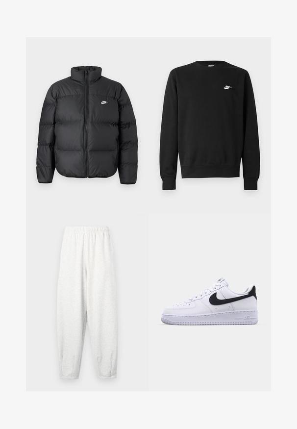 Zwarte pufferjack met hoge kraag, ritssluiting en witte Nike-logo. Heeft doorgestikte stukken voor isolatie en een gewatteerde textuur.; Zwarte sweater van katoen, met een ronde hals, lange mouwen en een klein wit Nike-logo aan de bovenkant van de linkerborst.; Lichtgrijze sweatpants gemaakt van zachte stof, met een elastische tailleband, taps tolopende benen en enkelmanchetten. Eenvoudig ontwerp zonder patronen.; Witte leren sneaker met een gestructureerde zwarte Swoosh, platte veters en een rubberen zool met een geribbeld patroon. "AIR" is in de hak geperst.
