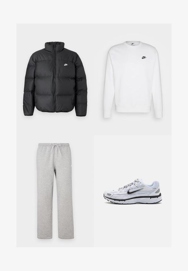 Sort puffjakke med høj krave, lynlåslukning og Nike-logo i hvidt. Har quiltede sektioner til isolering og en polstret tekstur.; Hvid sweatshirt lavet af bomuld med lange ærmer, rund halsudskæring og sort Nike-logo på venstre bryst. Blød tekstur med ribbede manchetter.; Grå joggingbukser med elastisk talje og snor. Fremstillet af blødt stof, de har lige ben og diskret logodetalje.; Hvide løbesko med mesh-overdel, rund tå, sorte accenter og mønstret sål. Har snøring og branding på siden.