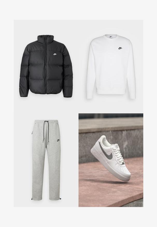 Čierna páperová bunda s vysokým golierom, zipsom a bielym logom Nike. Obsahuje prešívané časti pre izoláciu a polstrovanú textúru.; Biela mikina vyrobená z bavlny s dlhými rukávmi, okrúhlym výstrihom a čiernym logom Nike na ľavej hrudi. Mäkká textúra s rebrovanými manžetami.; Šedé Nike tepláky so sťahovacím pásom, bočnými vreckami a elastickými manžetami. Majú hladkú textúru a kontrastný čierny logotyp.; Biela teniska Nike Air Force 1 so sivým logom swoosh, ktorá visí nad kamenným povrchom a sivou kamennou stenou v pozadí.